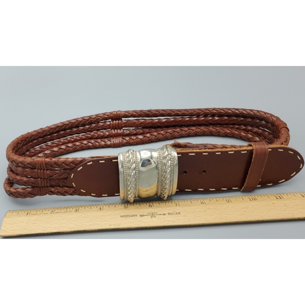 VTG The Limited Western Brown Leather Braided Women Small Belt Silvertone Buckle